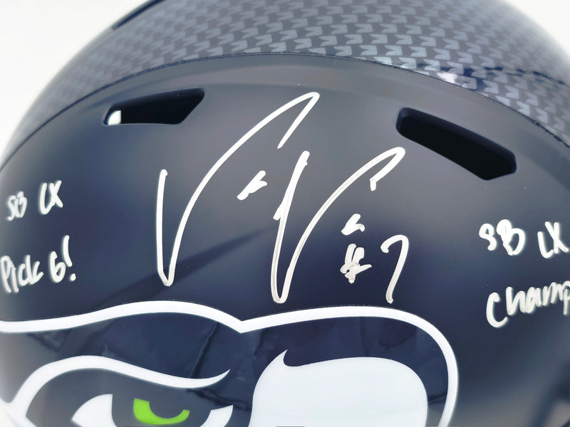 Uchenna Nwosu Autographed Seattle Seahawks Blue Full Size Super Bowl LX Champions Logo Speed Replica Helmet "SB LX Pick 6, SB LX Champs!" MCS Holo Stock #265543