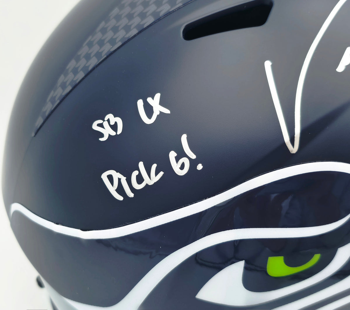 Uchenna Nwosu Autographed Seattle Seahawks Blue Full Size Super Bowl LX Champions Logo Speed Replica Helmet "SB LX Pick 6, SB LX Champs!" MCS Holo Stock #265543