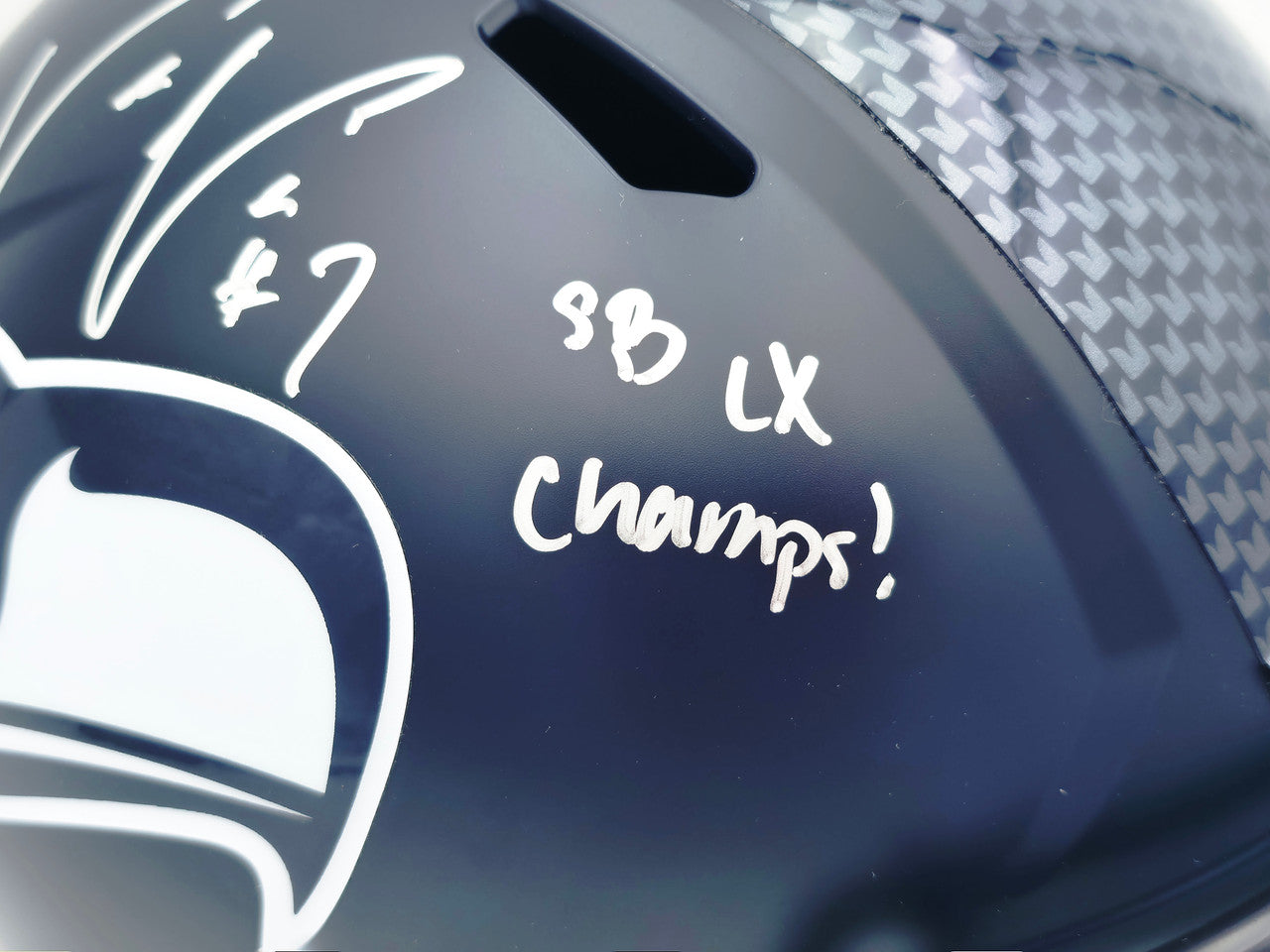 Uchenna Nwosu Autographed Seattle Seahawks Blue Full Size Super Bowl LX Champions Logo Speed Replica Helmet "SB LX Pick 6, SB LX Champs!" MCS Holo Stock #265543