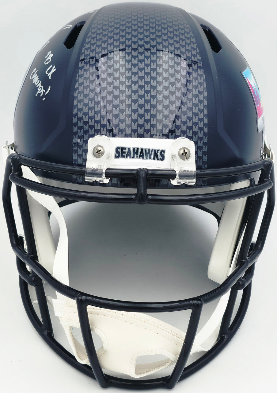 Uchenna Nwosu Autographed Seattle Seahawks Blue Full Size Super Bowl LX Champions Logo Speed Replica Helmet "SB LX Pick 6, SB LX Champs!" MCS Holo Stock #265543