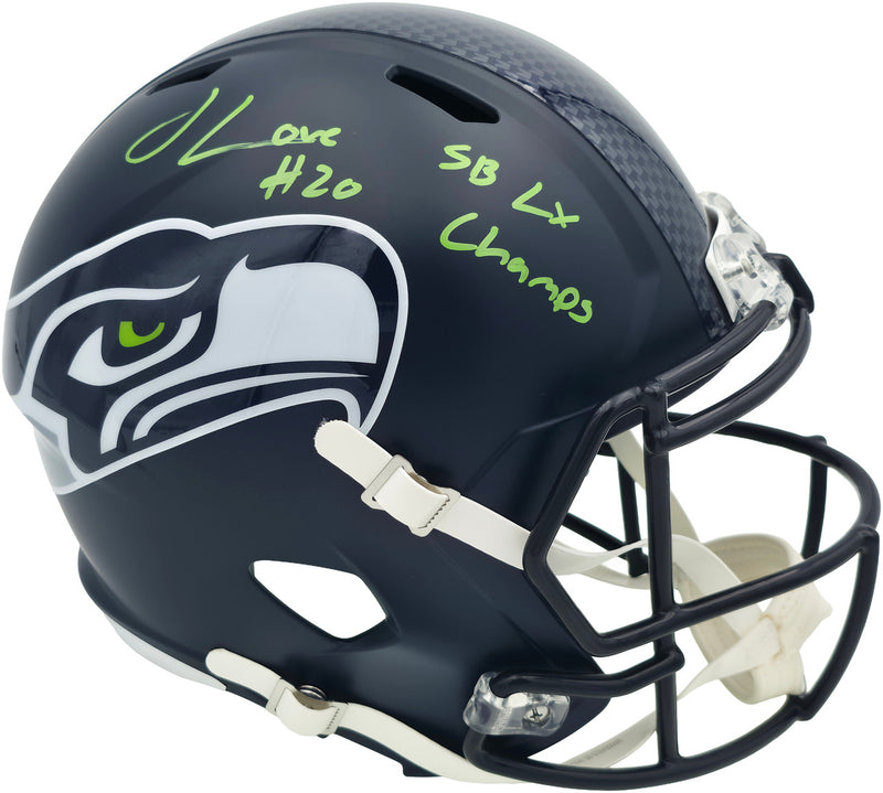 Julian Love Autographed Seattle Seahawks Blue Full Size Super Bowl LX Champions Logo Speed Replica Helmet "SB LX Champs" MCS Holo Stock #265575
