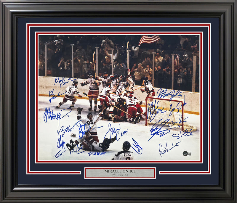 1980 Team USA Miracle on Ice Autographed Framed 16x20 Photo With 19 Signatures Beckett BAS Witness Stock #262545