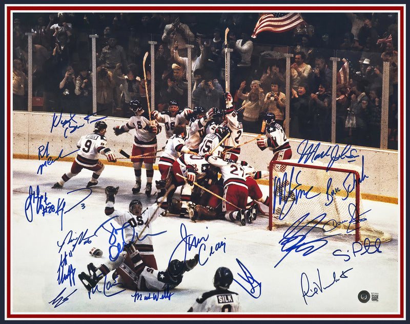 1980 Team USA Miracle on Ice Autographed Framed 16x20 Photo With 19 Signatures Beckett BAS Witness Stock #262545