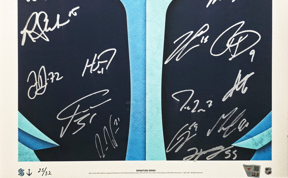 2021-22 Seattle Kraken Inaugural Team Autographed Fanatics Framed Lithograph #/32 With 25 Signatures Fanatics Holo Stock #262548