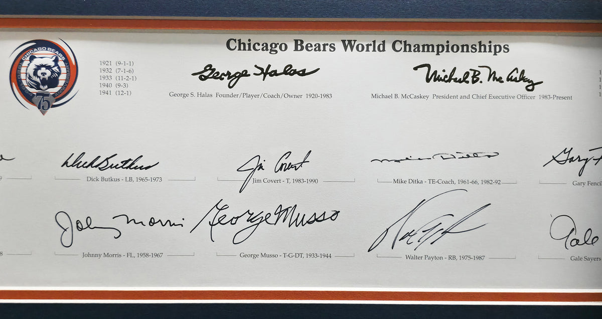 Chicago Bears Greats Autographed Framed Panoramic Photo With 20 Signatures Including Walter Payton Beckett BAS Stock #262546