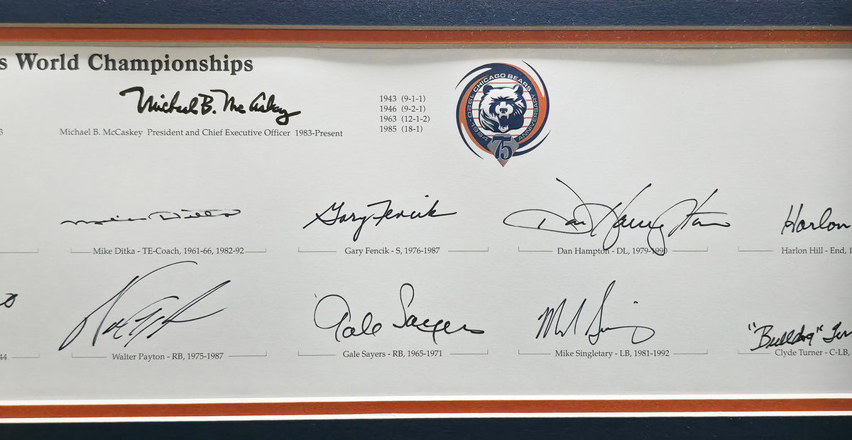 Chicago Bears Greats Autographed Framed Panoramic Photo With 20 Signatures Including Walter Payton Beckett BAS Stock #262546