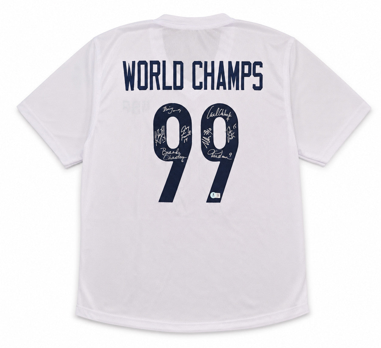 Team USA 1999 Women's World Cup Champions Autographed White Jersey With 8 Signatures Including Hamm & Chastain Beckett BAS Witness Stock #266279