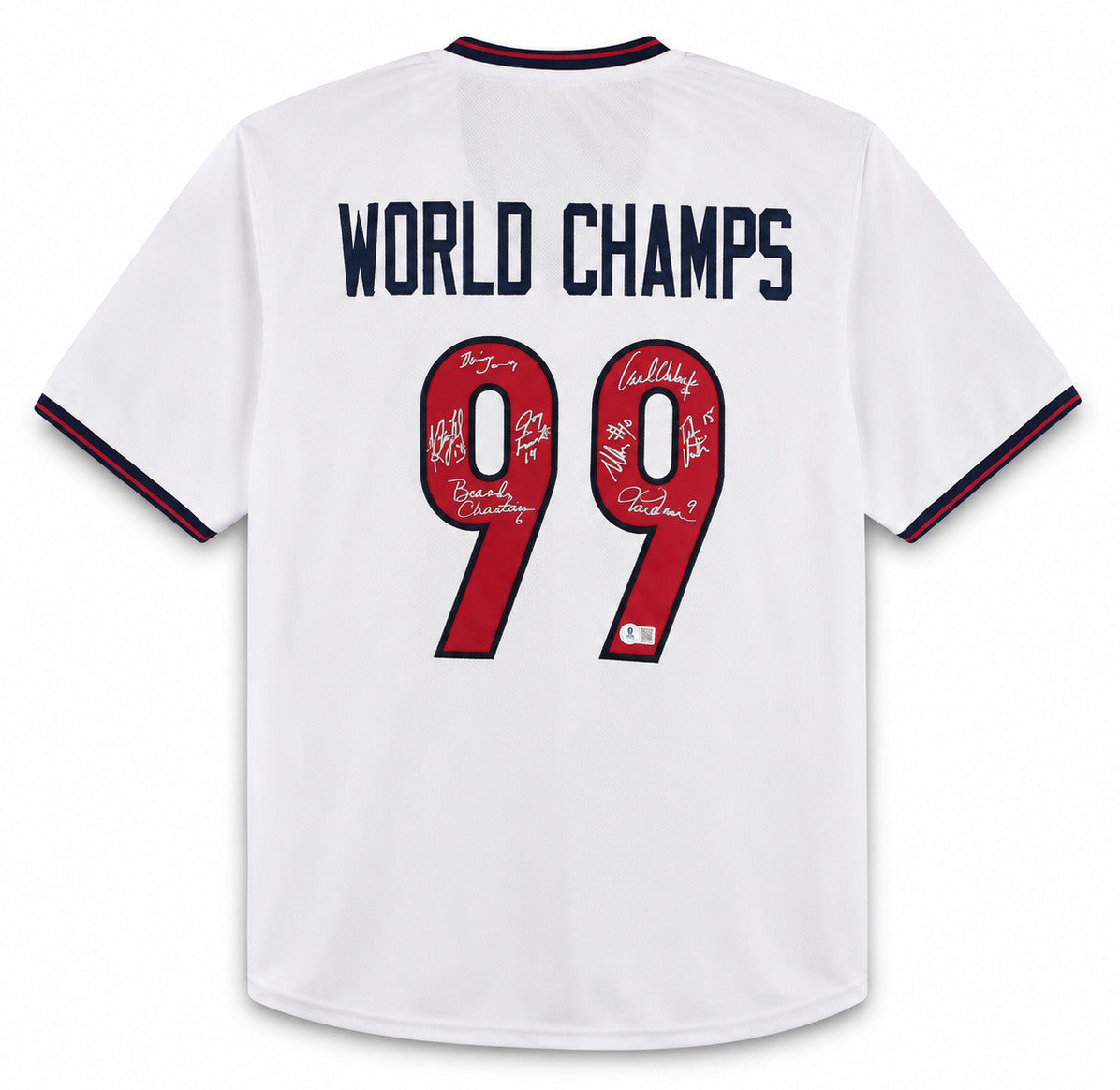 Team USA 1999 Women's World Cup Champions Autographed White Jersey With 8 Signatures Including Hamm & Chastain Beckett BAS Witness Stock #266280