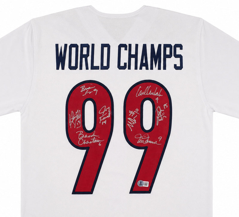 Team USA 1999 Women's World Cup Champions Autographed White Jersey With 8 Signatures Including Hamm & Chastain Beckett BAS Witness Stock #266280