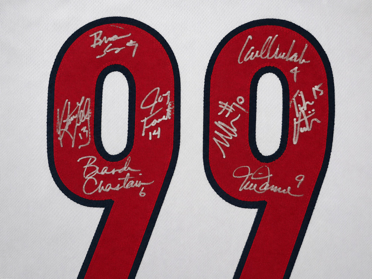 Team USA 1999 Women's World Cup Champions Autographed White Jersey With 8 Signatures Including Hamm & Chastain Beckett BAS Witness Stock #266280