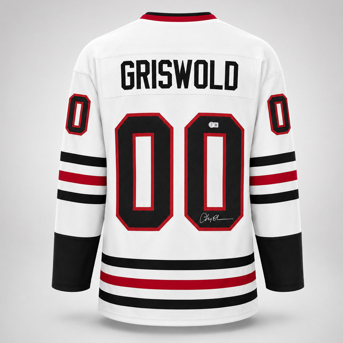 Christmas Vacation Chevy Chase Autographed White Jersey Clark Griswold Beckett BAS QR Stock #266072