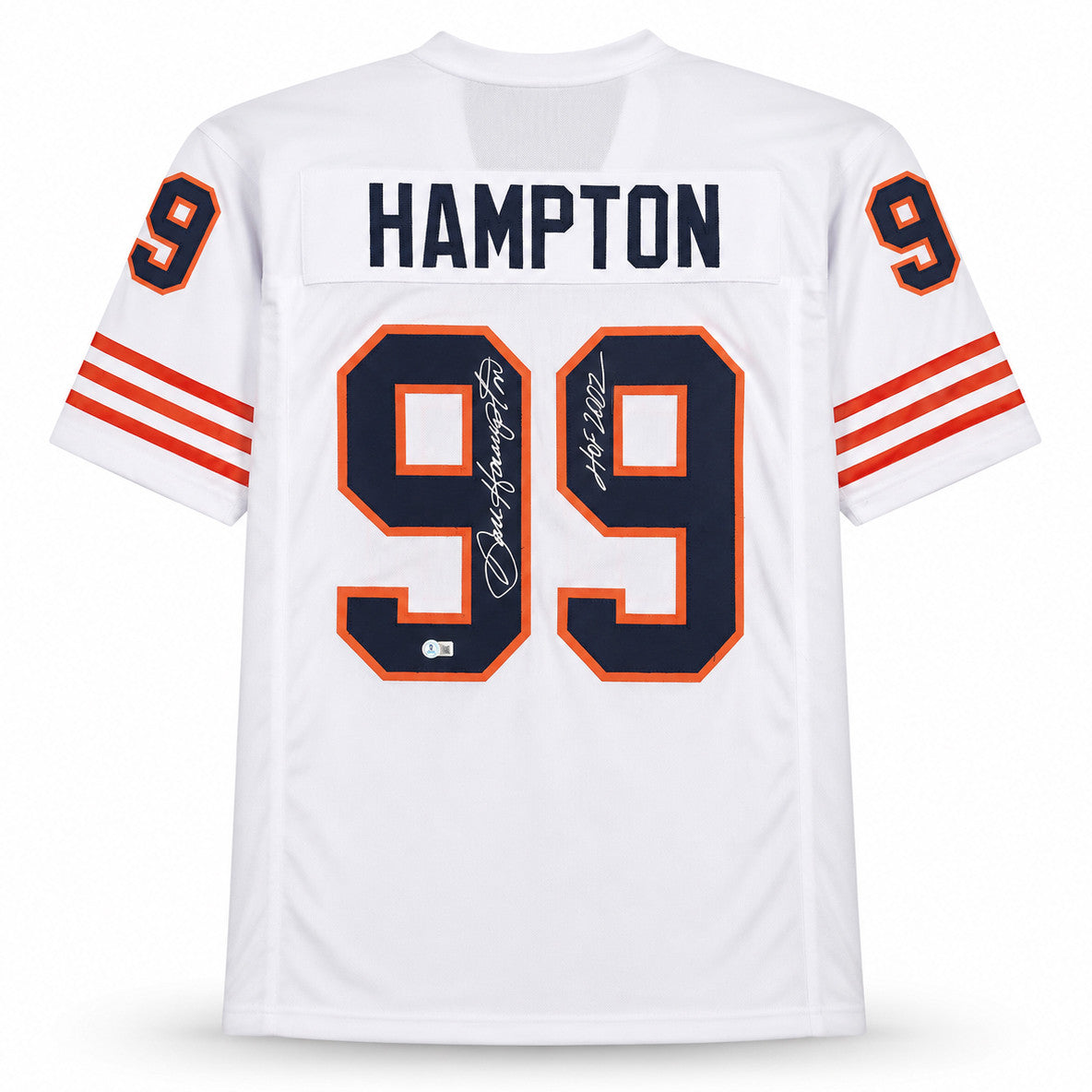 Chicago Bears Dan Hampton Autographed White Jersey "HOF 2002" Beckett BAS Witness Stock #265939