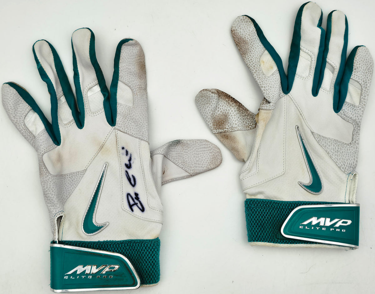 Robinson Cano Autographed 2014 White & Teal Nike MVP Elite Pro Game Used Batting Gloves Seattle Mariners (Single Signed) Stock #267636