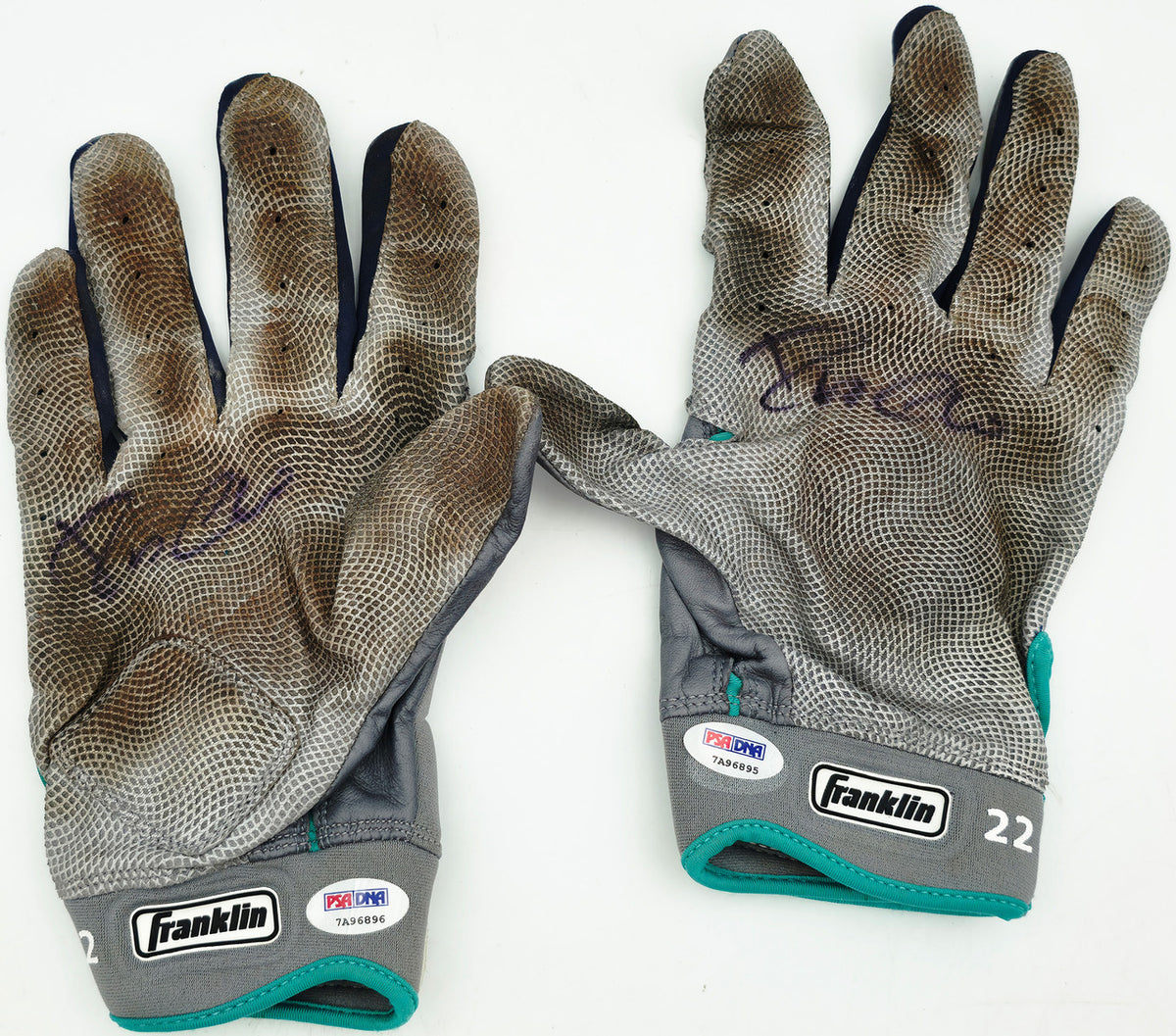 Robinson Cano Autographed Gray & Teal Franklin Game Used Batting Gloves Seattle Mariners PSA/DNA (Dual Signed) Stock #267643