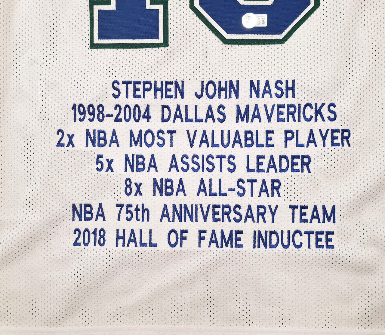 Dallas Mavericks Steve Nash Autographed White Stat Jersey Beckett BAS Witness Stock #252469