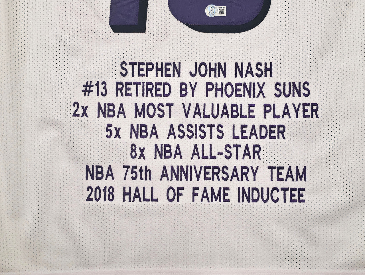 Phoenix Suns Steve Nash Autographed White Stat Jersey Beckett BAS Witness Stock #252473