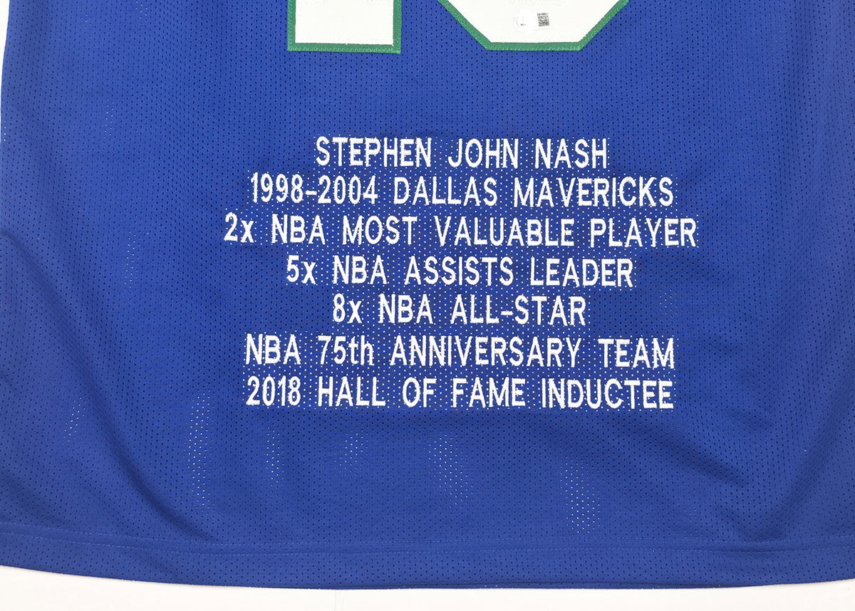 Dallas Mavericks Steve Nash Autographed Blue Stat Jersey Beckett BAS Witness Stock #252470