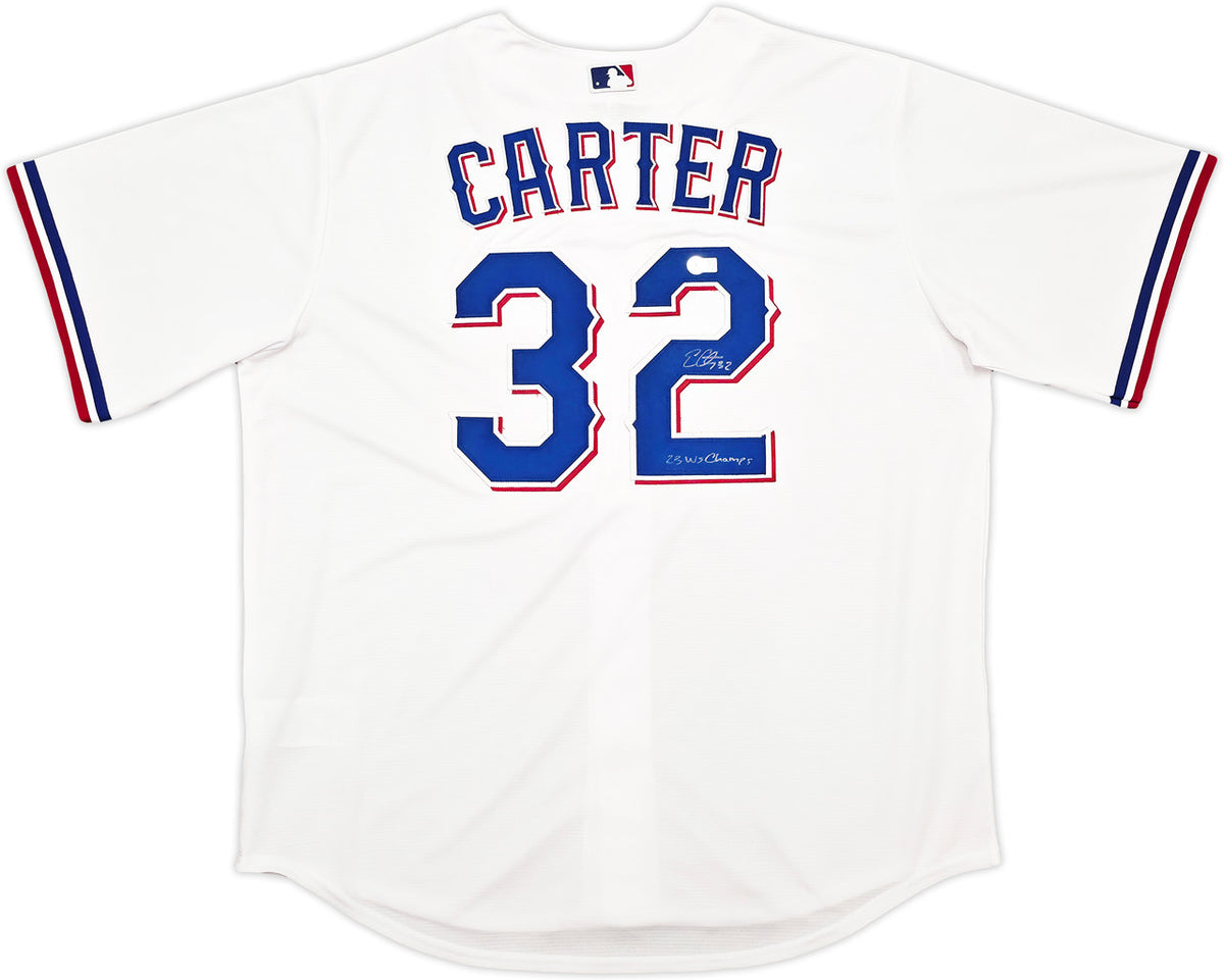 Texas Rangers Evan Carter Autographed White Nike Jersey Size XL "23 WS Champs" Beckett BAS Witness Stock #252437