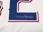 Texas Rangers Evan Carter Autographed White Nike Jersey Size XL "23 WS Champs" Beckett BAS Witness Stock #252437