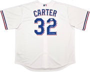 Texas Rangers Evan Carter Autographed White Nike Jersey Size XXL "23 WS Champs" Beckett BAS Witness Stock #252438