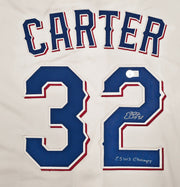 Texas Rangers Evan Carter Autographed White Nike Jersey Size M "23 WS Champs" Beckett BAS Witness Stock #252436