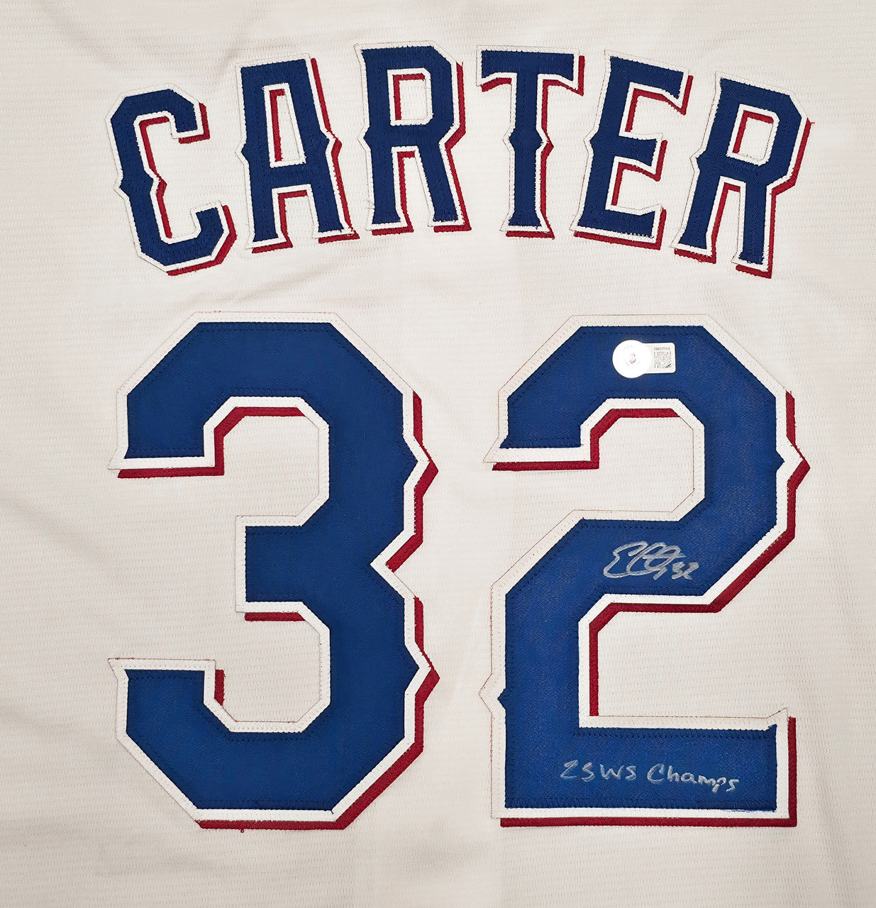 Texas Rangers Evan Carter Autographed White Nike Jersey Size M "23 WS Champs" Beckett BAS Witness Stock #252436