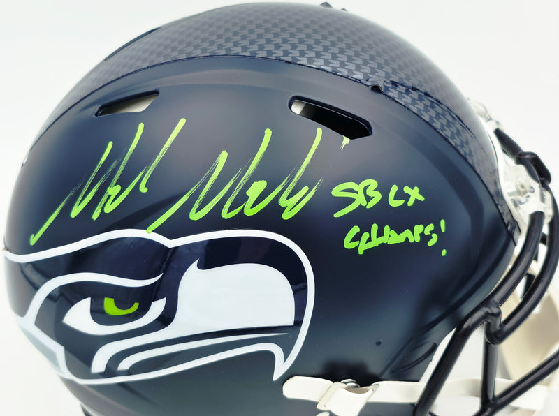 Mike Macdonald Autographed Seattle Seahawks Blue Super Bowl LX Champions Logo Full Size Speed Authentic Helmet "SB LX Champs!" Beckett BAS Witness Stock #267792