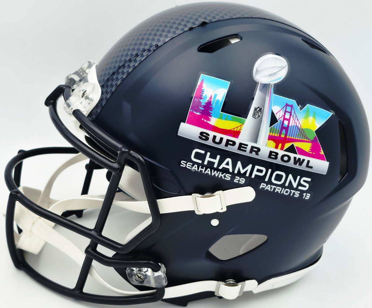 Mike Macdonald Autographed Seattle Seahawks Blue Super Bowl LX Champions Logo Full Size Speed Authentic Helmet "SB LX Champs!" Beckett BAS Witness Stock #267792