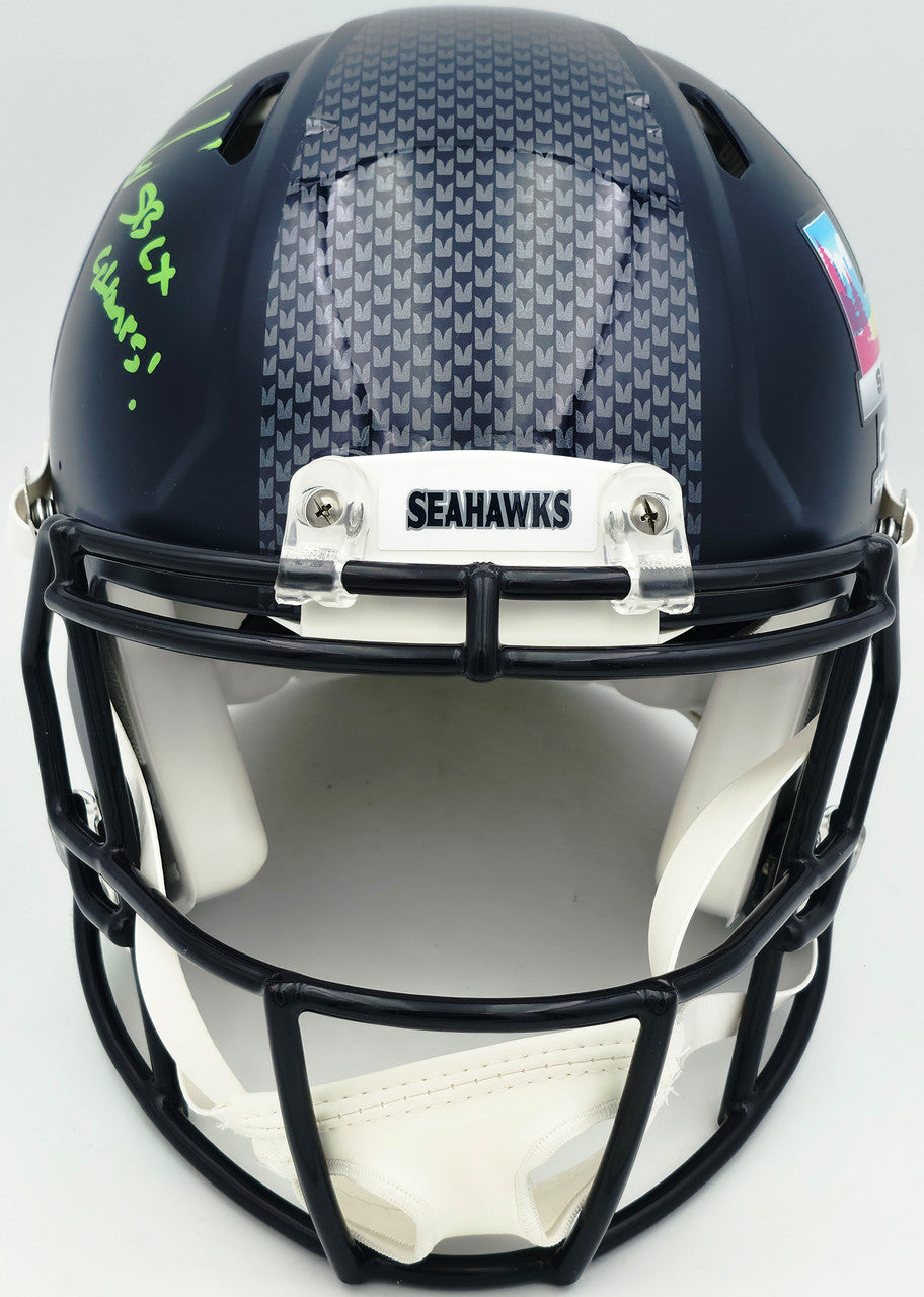 Mike Macdonald Autographed Seattle Seahawks Blue Super Bowl LX Champions Logo Full Size Speed Authentic Helmet "SB LX Champs!" Beckett BAS Witness Stock #267792