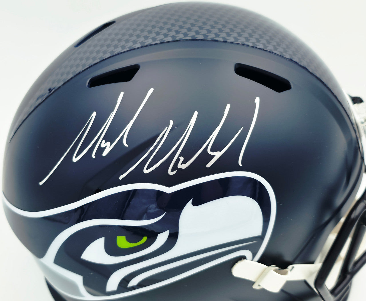 Mike Macdonald Autographed Seattle Seahawks Blue Super Bowl LX Champions Logo Full Size Speed Replica Helmet Beckett BAS Witness Stock #267793