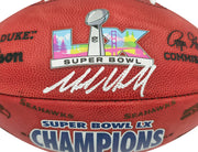 Mike Macdonald Autographed Official Super Bowl LX Commemorative Leather Football Seattle Seahawks Beckett BAS Witness Stock #267794
