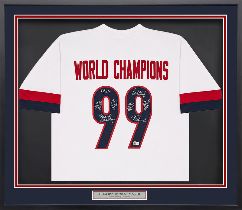 1999 Team USA Women's Soccer World Cup Champions Autographed Framed White Jersey With 8 Signatures Including Hamm & Chastain Beckett BAS Witness Stock #265406
