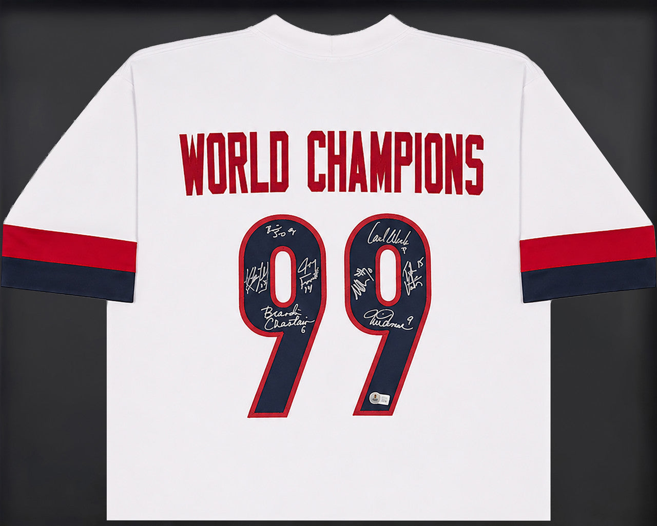 1999 Team USA Women's Soccer World Cup Champions Autographed Framed White Jersey With 8 Signatures Including Hamm & Chastain Beckett BAS Witness Stock #265406