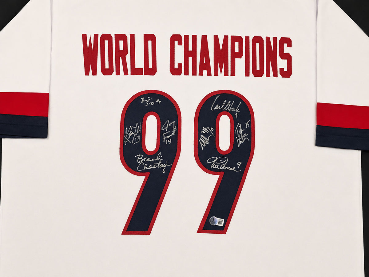 1999 Team USA Women's Soccer World Cup Champions Autographed Framed White Jersey With 8 Signatures Including Hamm & Chastain Beckett BAS Witness Stock #265406