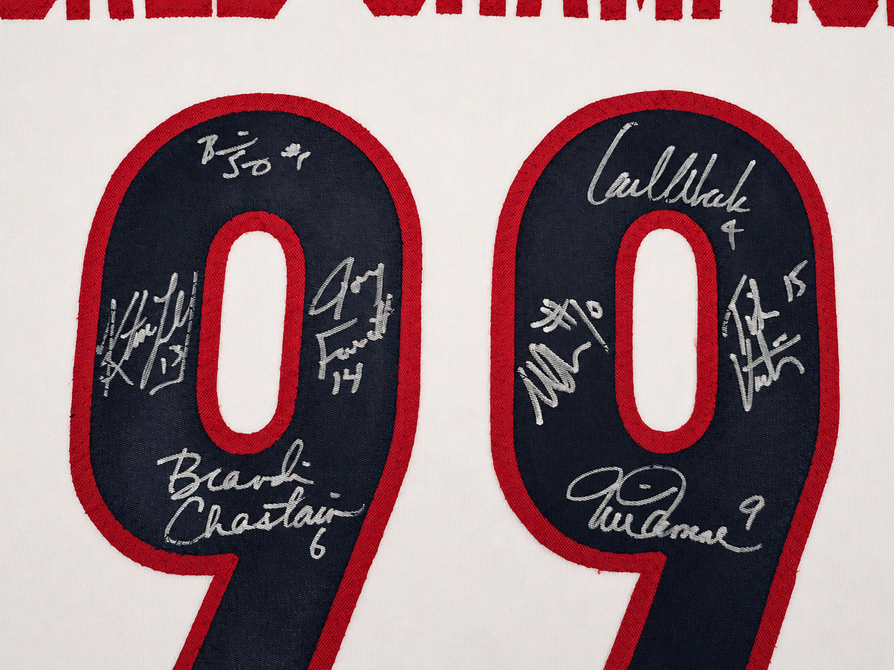 1999 Team USA Women's Soccer World Cup Champions Autographed Framed White Jersey With 8 Signatures Including Hamm & Chastain Beckett BAS Witness Stock #265406