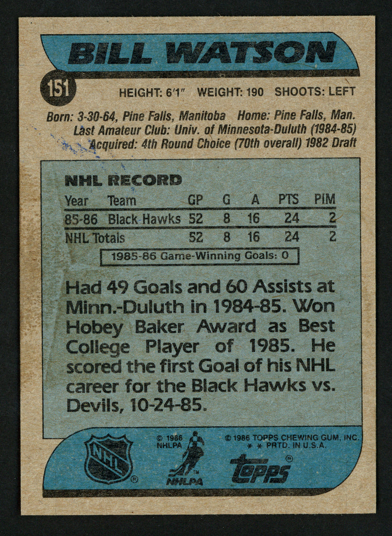 Bill Watson Autographed 1986-87 Topps Rookie Card #151 Chicago Blackhawks SKU #152009