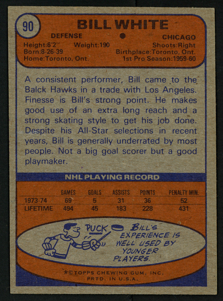 Bill White Autographed 1974-75 Topps Card #90 Chicago Blackhawks SKU #150089