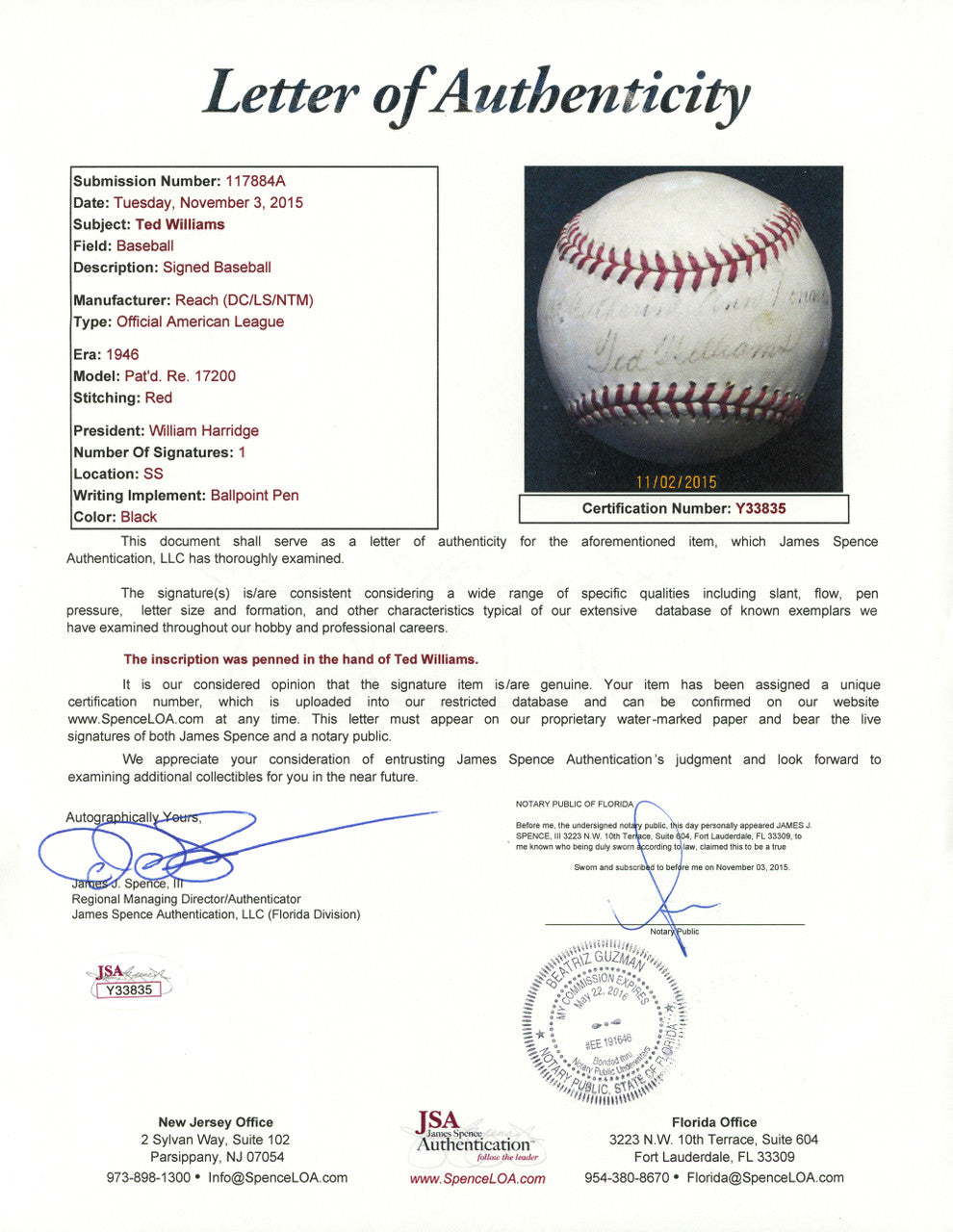 Ted Williams Autographed Official 1940's American League Baseball Boston Red Sox "Catherine" JSA #Y33835