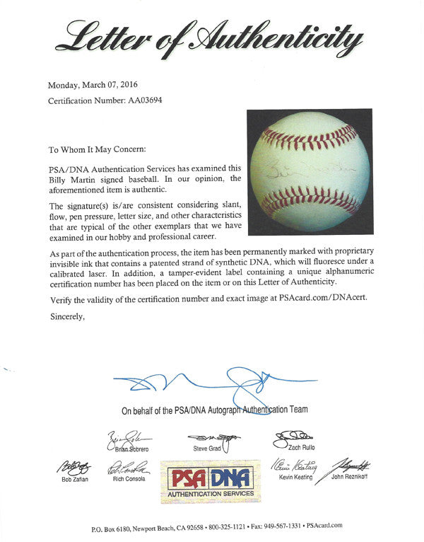 Billy Martin Autographed Official AL Baseball New York Yankees PSA/DNA #AA03694