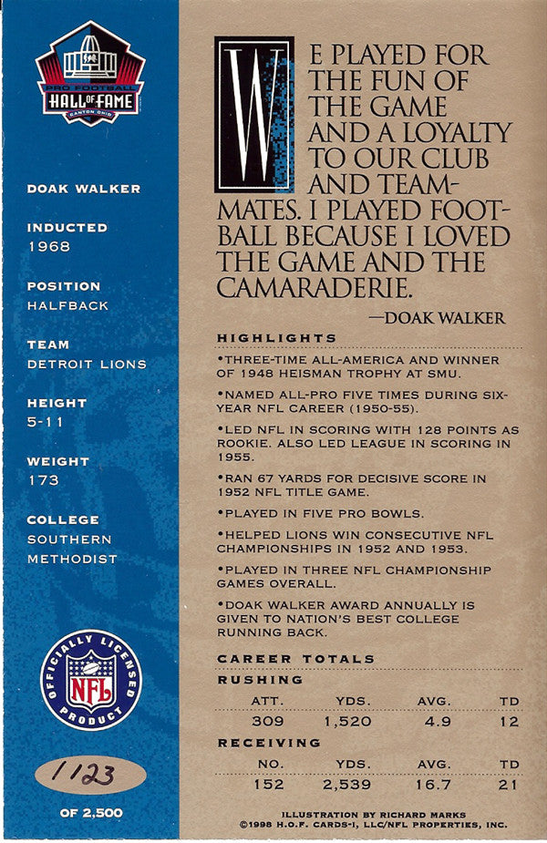 Doak Walker Autographed 1998 HOF Signature Series Card Detroit Lions #/2500 SKU #106032