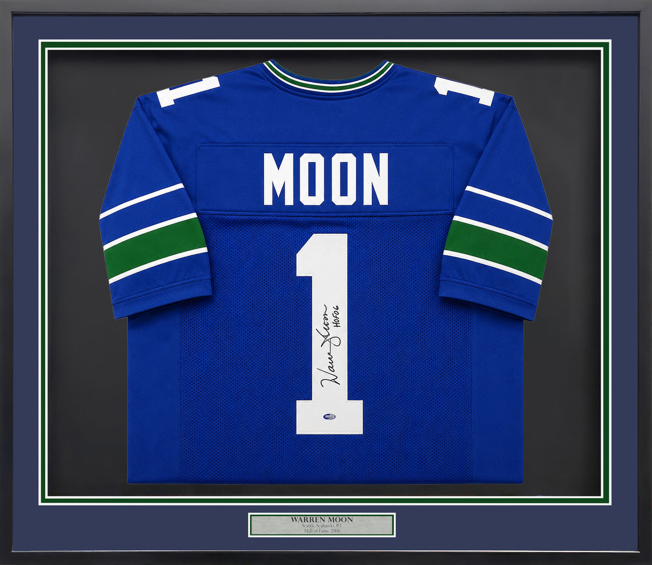 Seattle Seahawks Warren Moon Autographed Framed Blue Jersey "HOF 06" MCS Holo Stock #131916