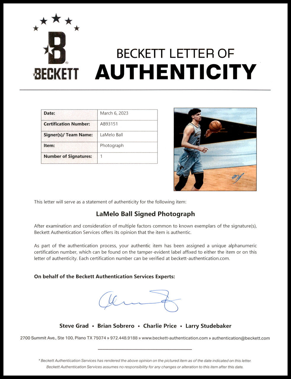 LaMelo Ball Autographed 16x20 Photo Charlotte Hornets Beckett BAS Stock #212973