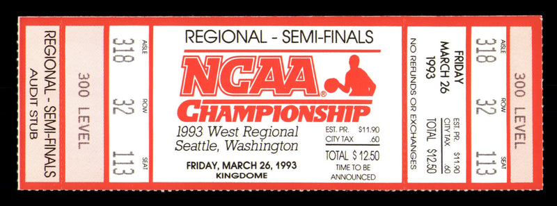 1993 NCAA Basketball Tournament West Regional Semi Finals Unsigned Full Ticket Michigan Stock #223730