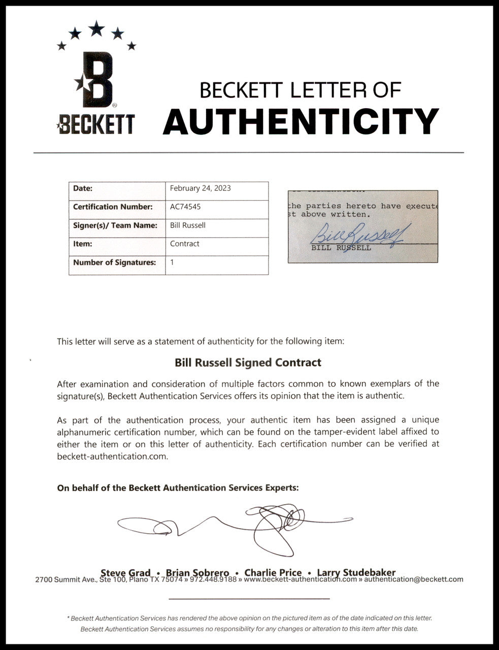 Bill Russell Autographed 1973-74 Newspaper Contract Boston Celtics Beckett BAS #AC74545