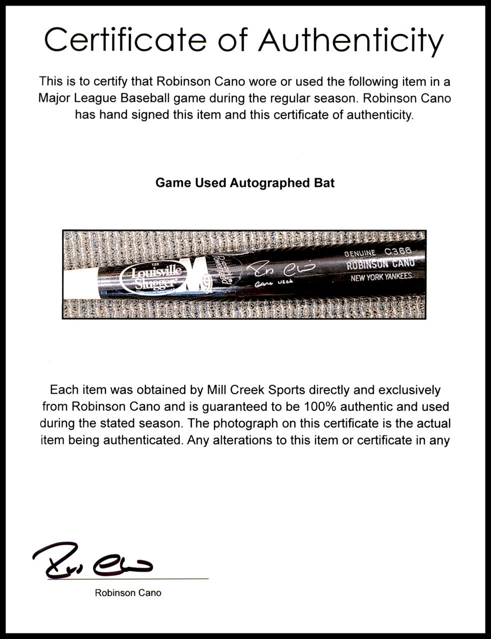 Robinson Cano Autographed Game Used Black Louisville Slugger TPX M9 Baseball Bat New York Yankees "Game Used" PSA/DNA #6A93974