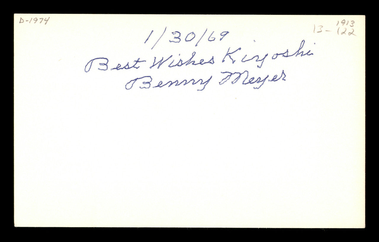 Benny Meyer Autographed 3x5 Index Card Brooklyn Dodgers "Best Wishes Kiyoshi" SKU #174057