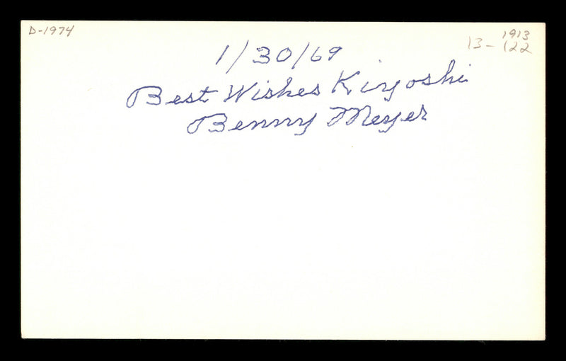 Benny Meyer Autographed 3x5 Index Card Brooklyn Dodgers "Best Wishes Kiyoshi" SKU #174057