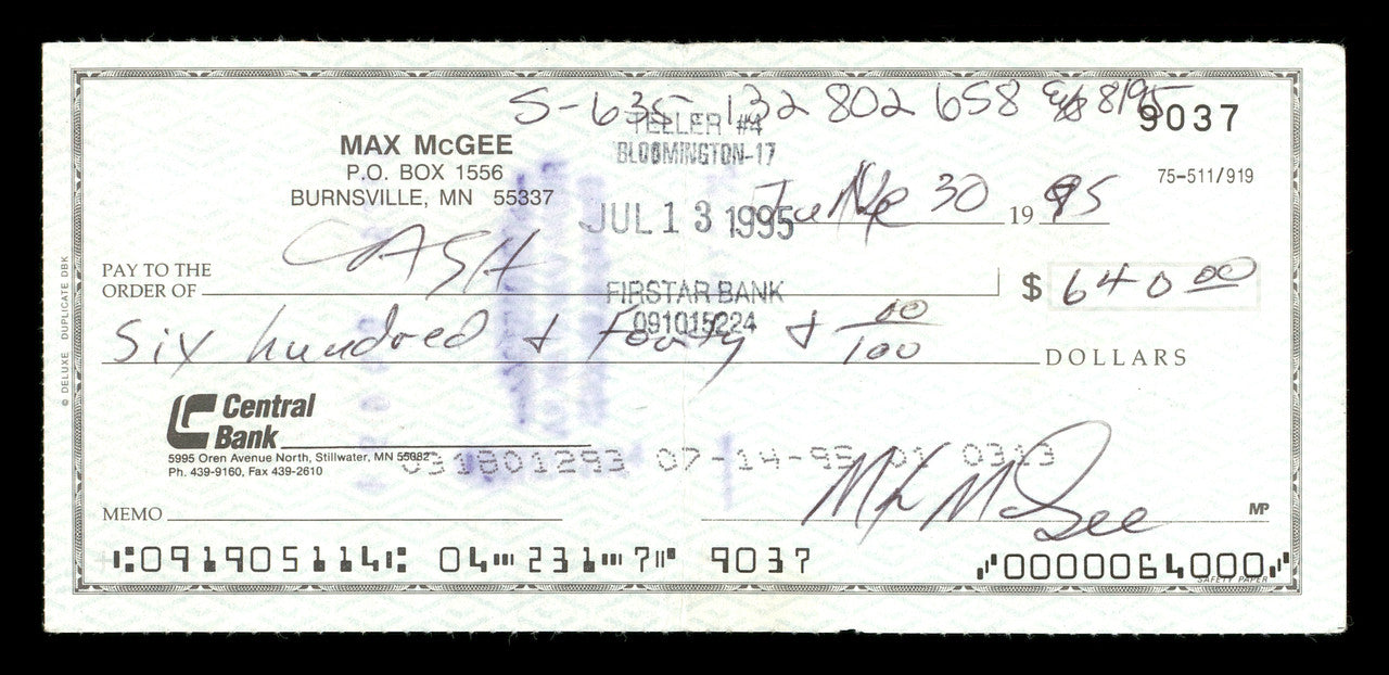 Max McGee Autographed 2.75x6 Check Green Bay Packers SKU #174012