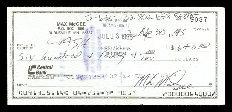Max McGee Autographed 2.75x6 Check Green Bay Packers SKU #174012