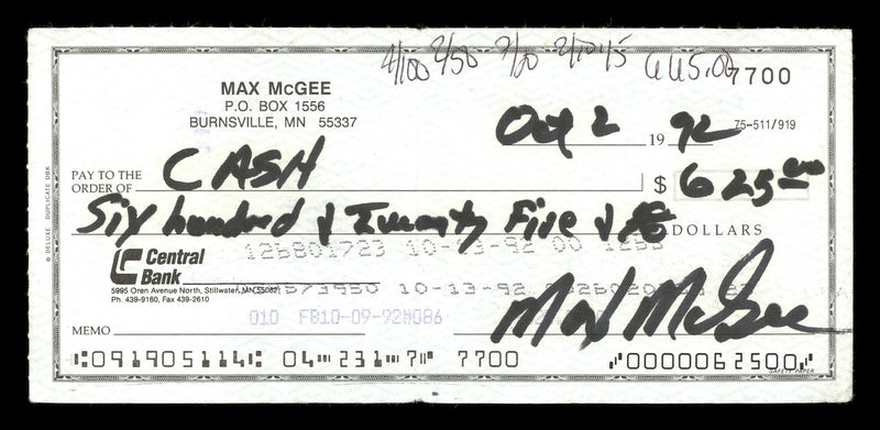 Max McGee Autographed 2.75x6 Check Green Bay Packers SKU #174017